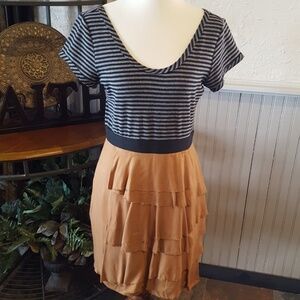 Theme Black & Gray Striped Scoop Neck Dress with Tan Tiered Skirt